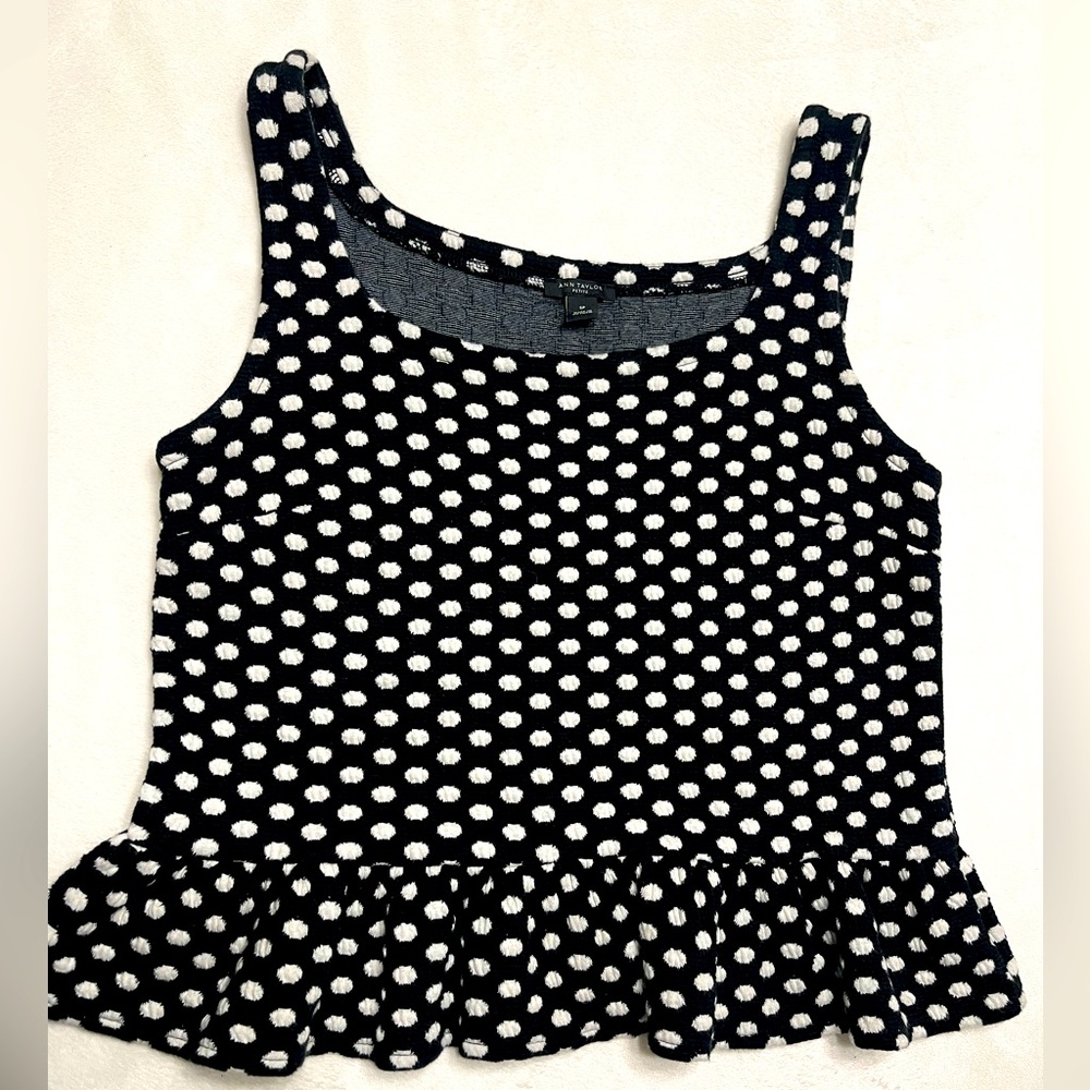 Ann Taylor black/white, sleeveless, dot square neck peplum top